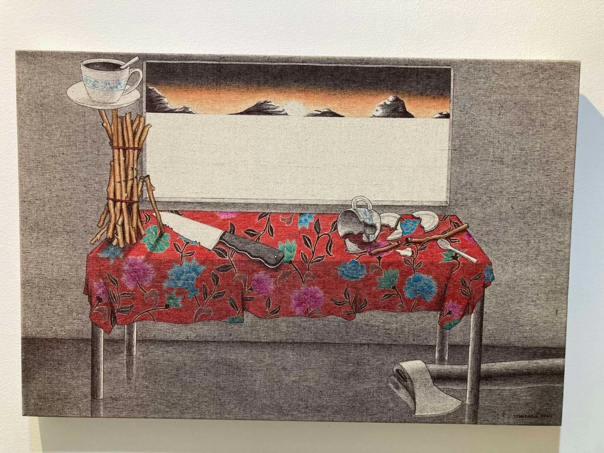 'STAND STRONG TOGETHER,' ballpoint pen on canvas, 24x35in, Syahbandi Samat, 2024