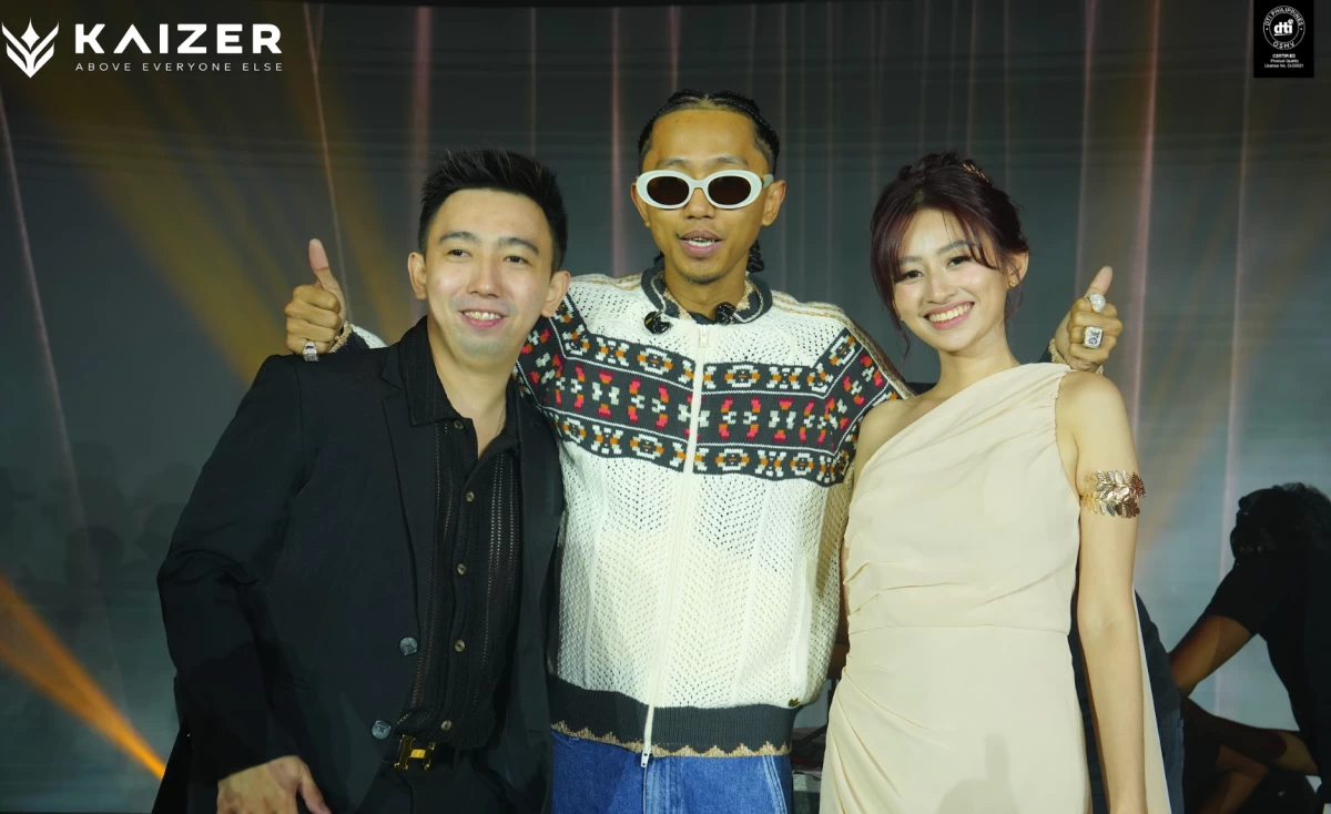 Filipino rapper Flow G (center) with Ms. Lilac Tayaban, COO, Kaizer Philippines, and Mr. Gen Vincent Fabro, CEO, Kaizer Philippines.