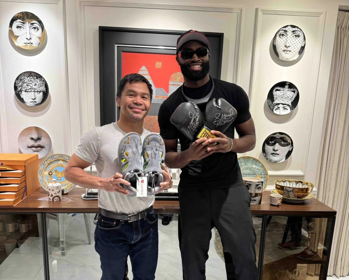 Manny Pacquiao, left, with NBA star Jaylen Brown. 