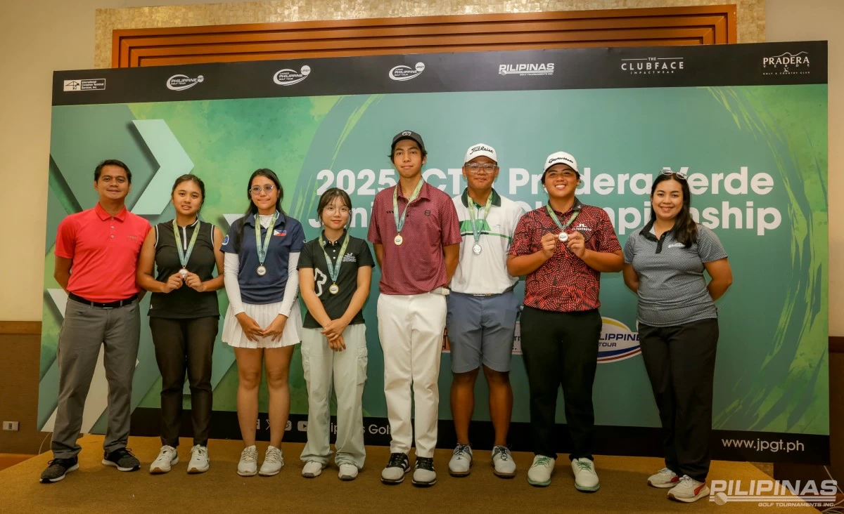 From left Pradera Verde Golf Operations manager Joey Seran, Chloe Rada, Tiffany Bernardino, Seeun Pak, Zach Villaroman, Jose Carlos Taruc, Kristoffer Nadales, and PGTI Operations manager Jhi Castillo-Estrada.