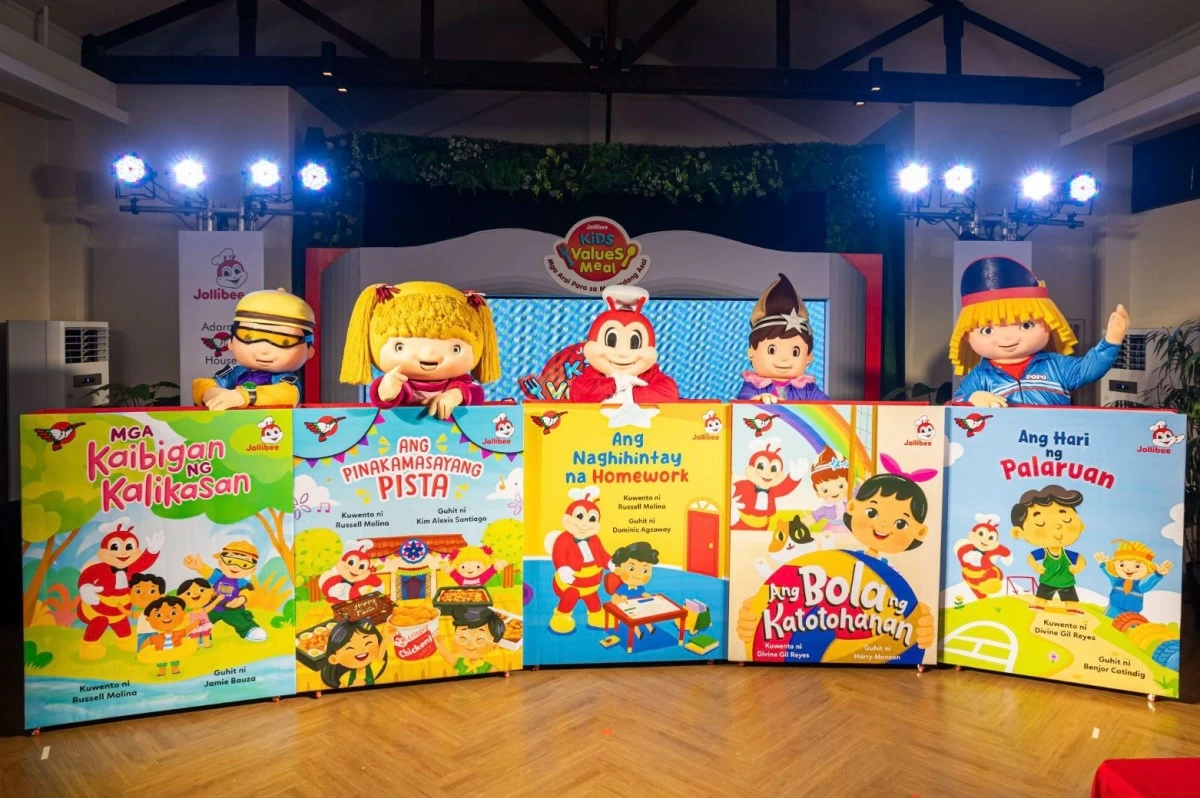Jollibee and friends showcase the five values books that come with orders of the Jollibee Kids Values Meals. 