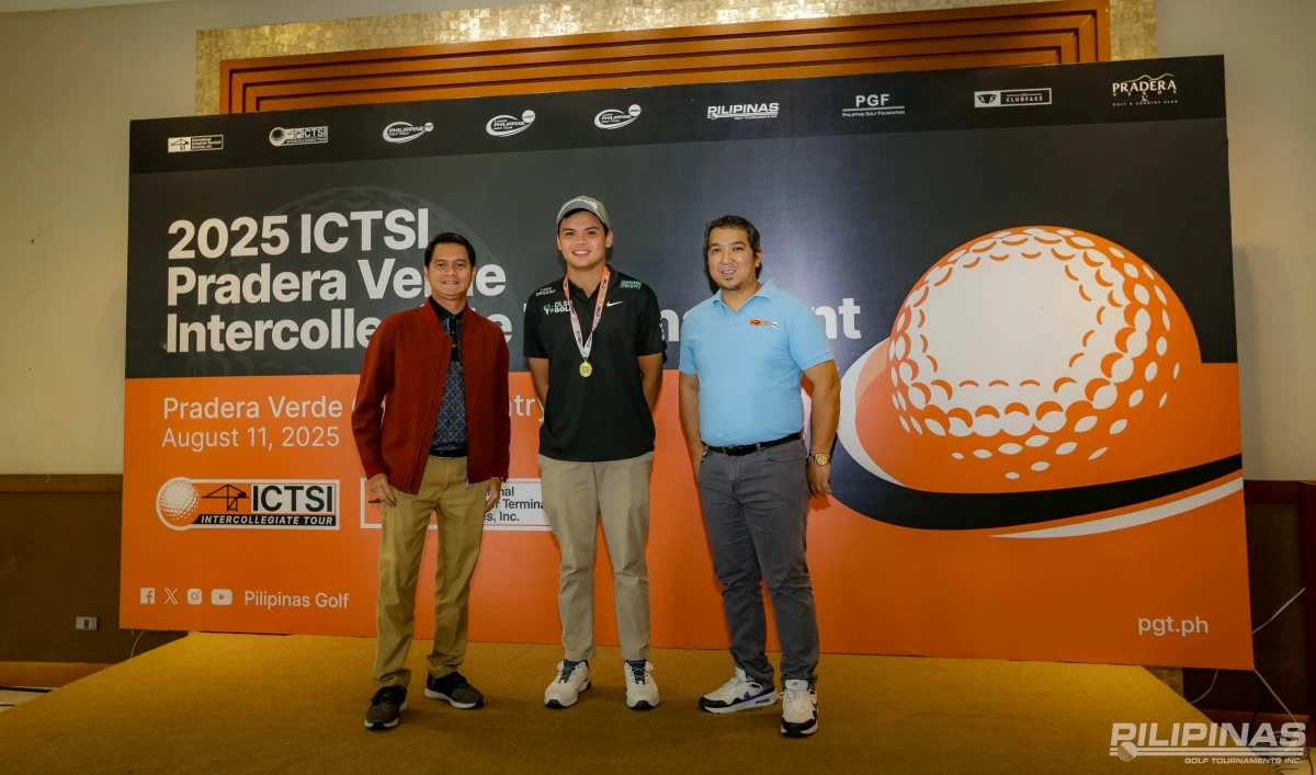 La Salle-1 Zach Castro (center) poses with Pradera Verde Golf Operations manager Joey Seran (left) and ICTSI Media Relations head Ronnel Javier after clinching the individual title in Round 3 of the ICTSI Intercollegiate Tournament at Pradera Verde's Pinatubo course recently.