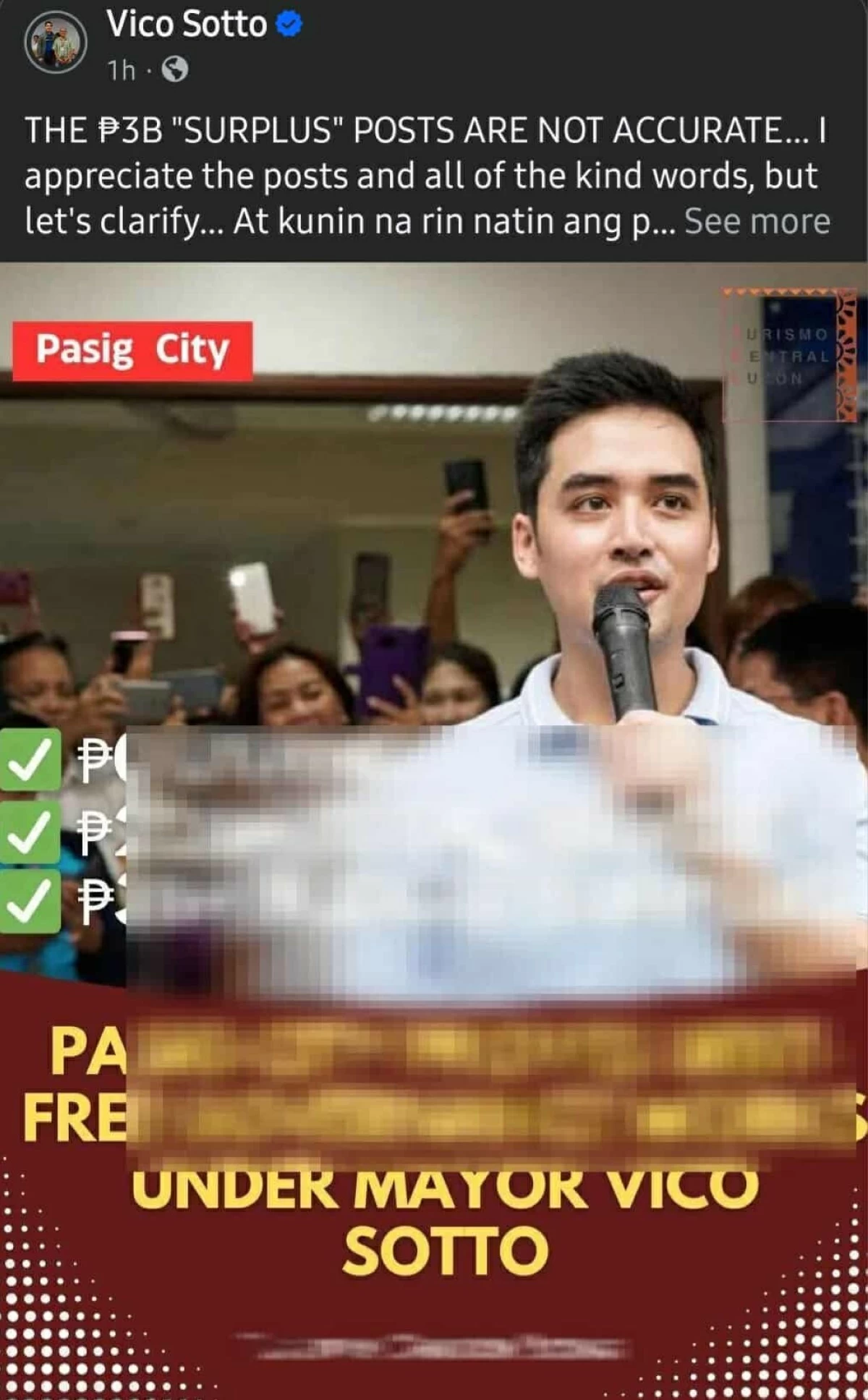 Screengrab from Pasig City Mayor Vico Sotto’s Facebook post, where he clarified misleading claims circulating on social media about the reported P3-billion “surplus.”