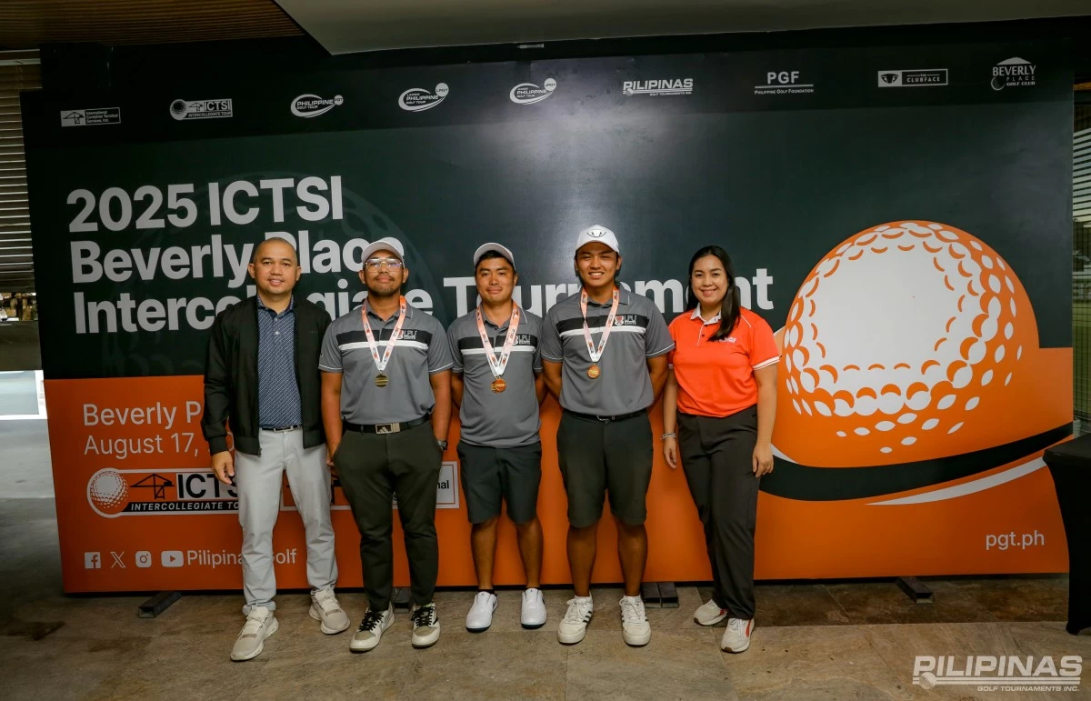 Rolando Bregente with teammates Michael Bolano and John Robert Bernis with Beverly Place golf manager Elson Alvaran and PGTI Operations manager Jhi Estrada.