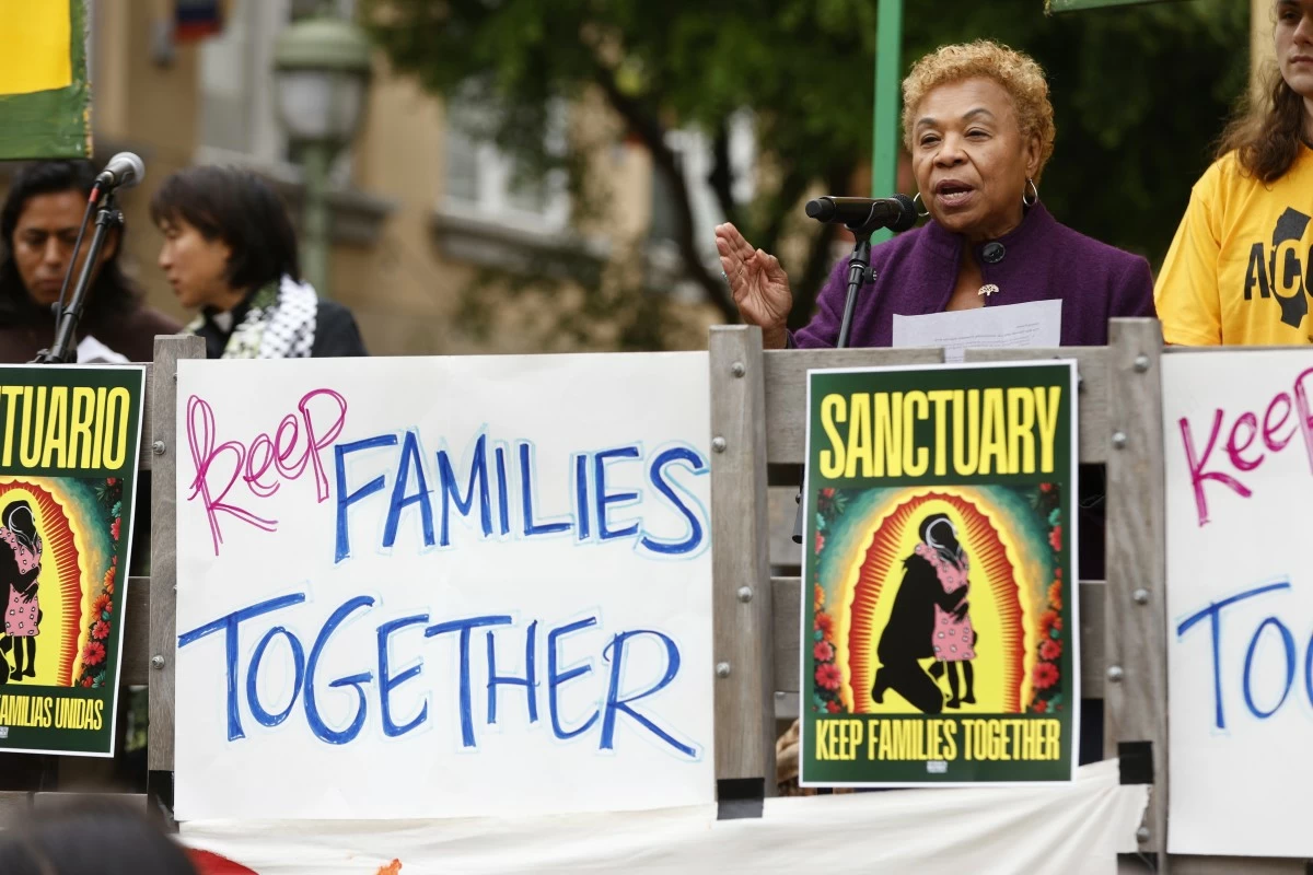 FILE - Oakland Mayor Barbara Lee speaks during a vigil held at Fruitvale Station to show solidarity with demonstrations against ICE raids, in Oakland, Calif., on Tuesday, June 10, 2025. (Santiago Mejia/San Francisco Chronicle via AP, File)