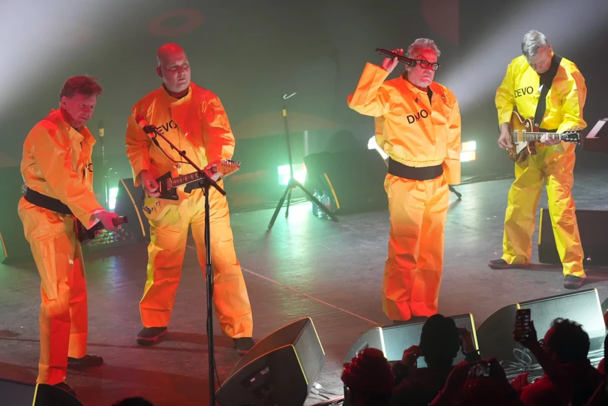 Gerald Casale, from left, Josh Hager, Mark Mothersbaugh, and Bob Mothersbaugh of Devo perform in Park City, Utah, on Jan. 22, 2024. (AP file photo/Chris Pizello)
