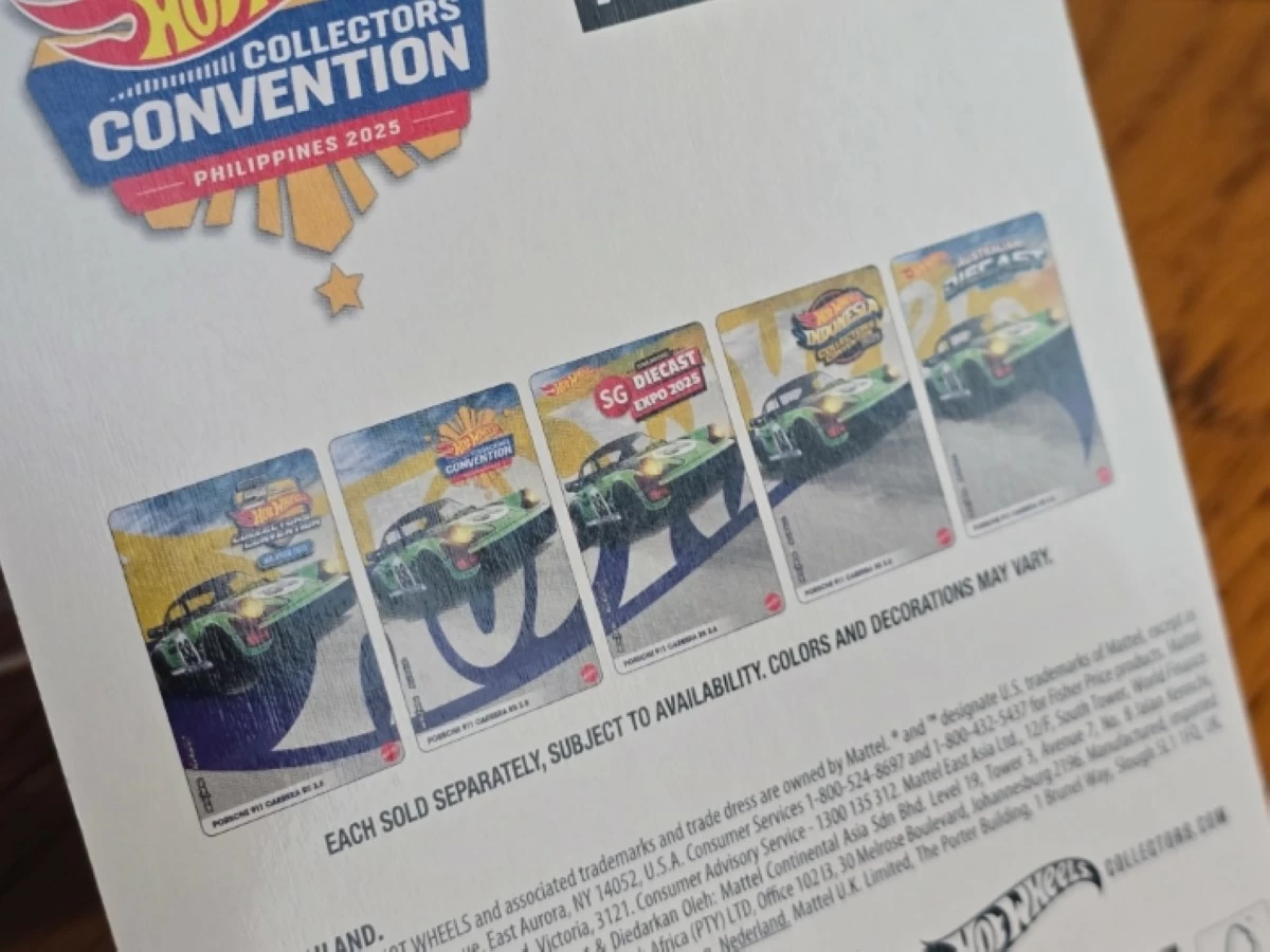 Collecting all Porsche 911 Carrera RS 3.8 Convention Cars from Malaysia, the Philippines, Singapore, Indonesia, and Australia will form the Hot Wheels logo when viewed from the back.