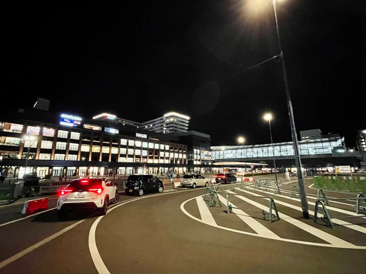 HOP ON, HOP OFF The modern structure of JR Station Nagasaki at night
