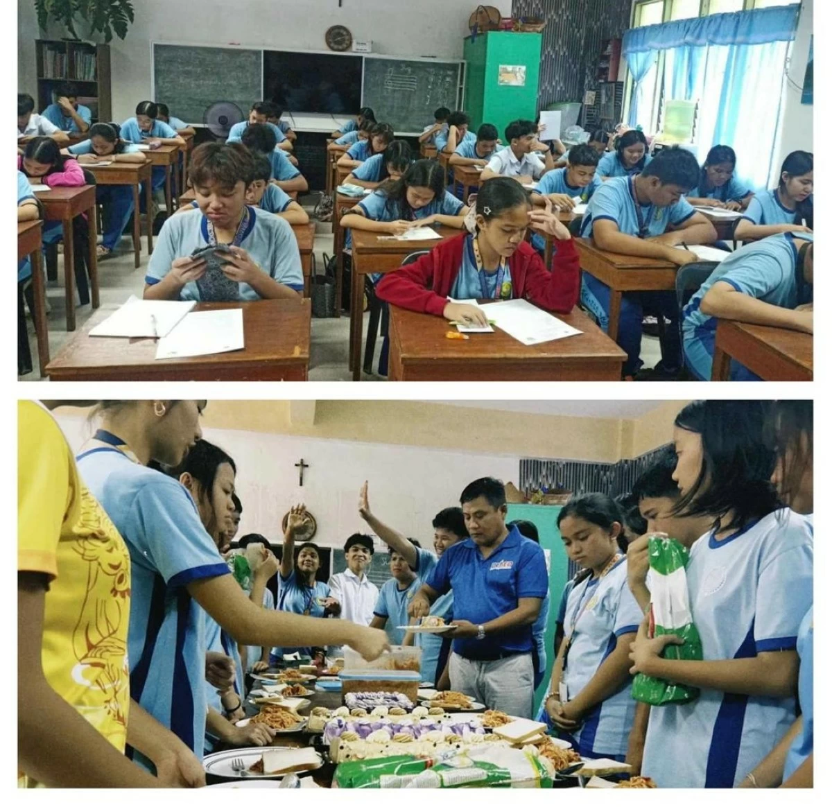 STUDENTS of Grade 9 Blueberry of the Calinog National Comprehensive High School celebrate with a small feast after an examination last Aug. 20.  