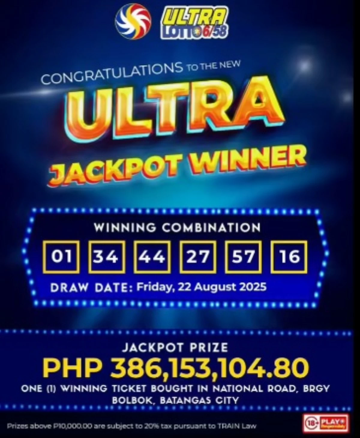 A lone bettor from Batangas won the P386-million UltraLotto 6/58 jackpot in the August 22 draw, according to the PCSO. The winning ticket was bought in Barangay Bolbok, Batangas City.(PCSO Games Online Hub / Facebook)