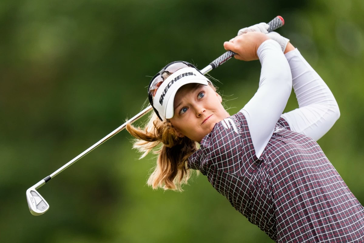 Brooke Henderson tees off on the third hole during the third round of the Canadian Women's Open at the Mississauga Golf and Country Club in Mississauga, Ontario, Saturday, Aug. 23, 2025. (Thomas Skrlj/The Canadian Press via AP)