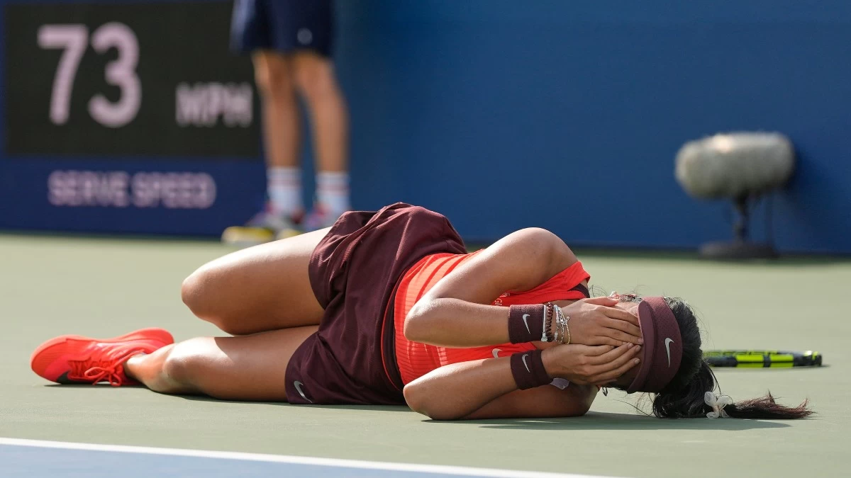 Alexandra Eala, of the Philippines, reacts after defeating Clara Tauson, of Denmark, during the first round of the US Open tennis championships, Sunday, Aug. 24, 2025, in New York. (AP Photo/Seth Wenig)