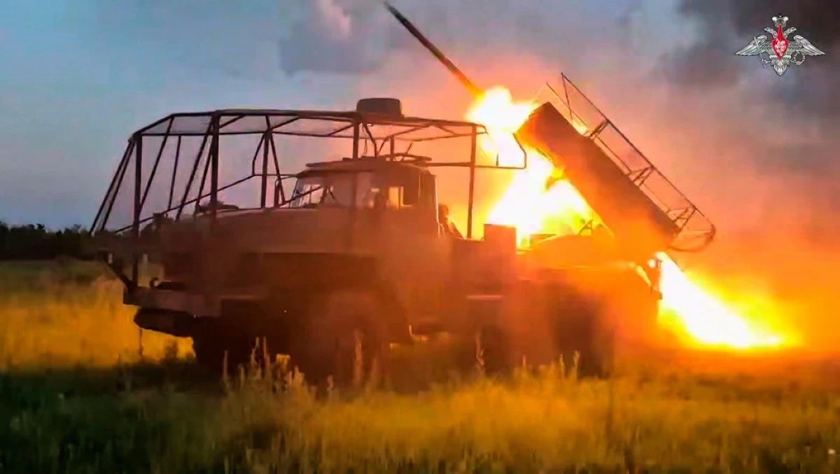 In this photo taken from video distributed by Russian Defense Ministry Press Service on Monday, Aug. 25, 2025, a Russian Army BM-21 