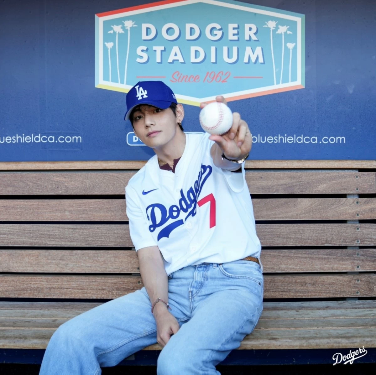 BTS' V at Dodger Stadium (Photo: LA Dodgers on X) 