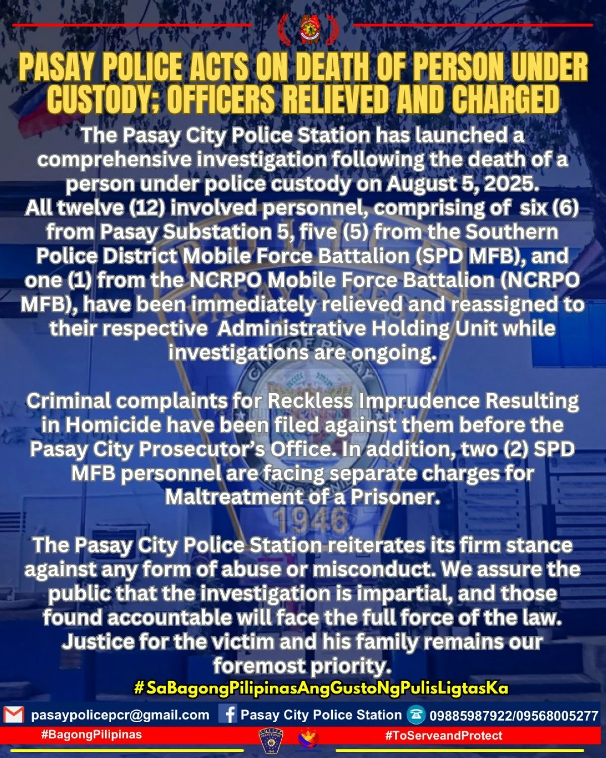 The police statement on the relief and filing of charges against 12 law enforcers responsible for the death of a man in custody.  (Photo from Pasay City Police)