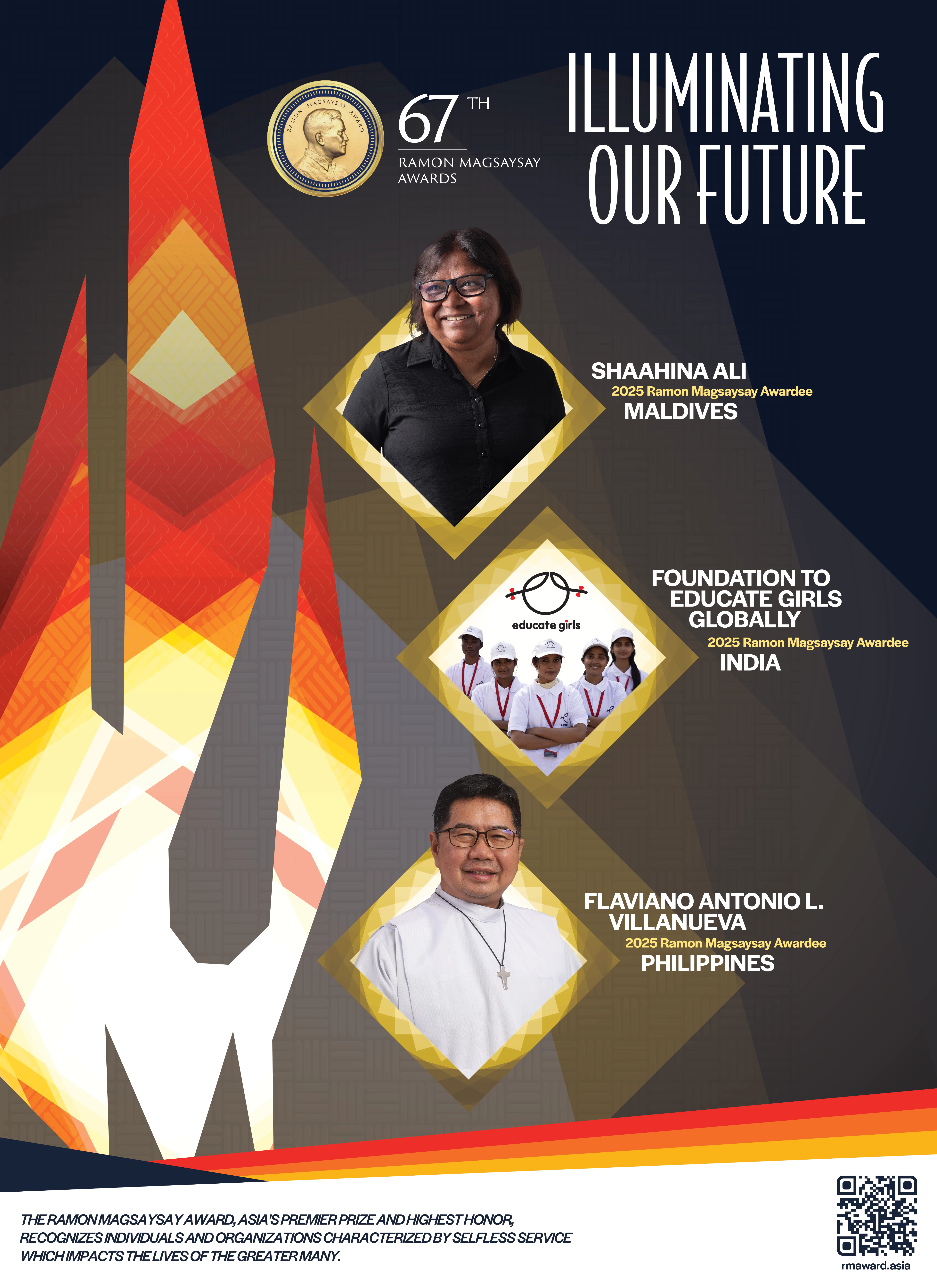 Completing the 2025 Ramon Magsaysay Awardees are Shaahina Ali of the Maldives and India’s Educate Girls, who will be honored at the 67th Awards Ceremony on November 7, 2025 at the Metropolitan Theatre, Manila (Courtesy of RMFA) 