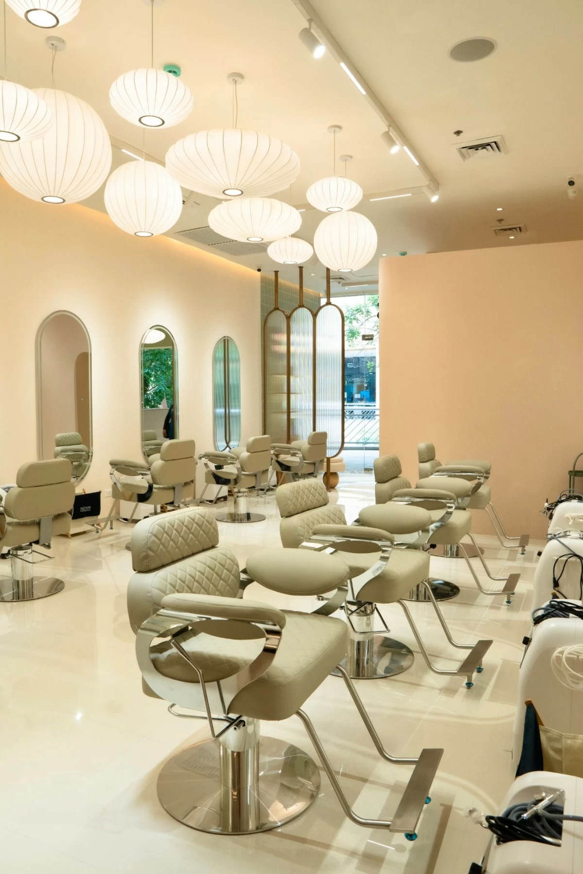 Muted earth tones compliment this tranquil retreat for your scalp. 
