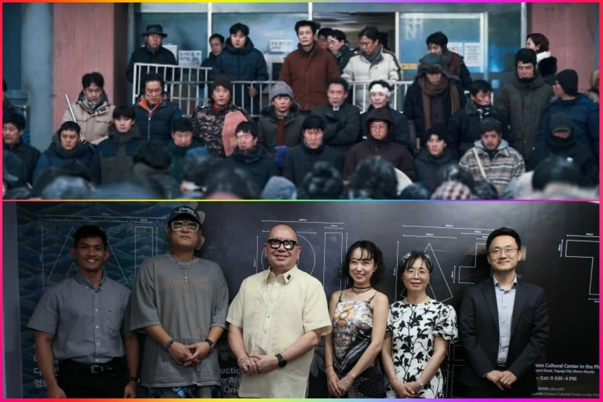 (Top) "Concrete Utopia" and (bottom photo, from left) Metropolitan Museum of Manila Senior Curator Ian Gines, Korean production designer Han Ah Reum, Film Development Council of the Philippines Chair Jose Javier Reyes, producer RuBi, Korean Film Council Researcher Park Hee Seong, and Korean Cultural Center in the Philippines Director Kim Myeongjin (KOFIC, KCC) 