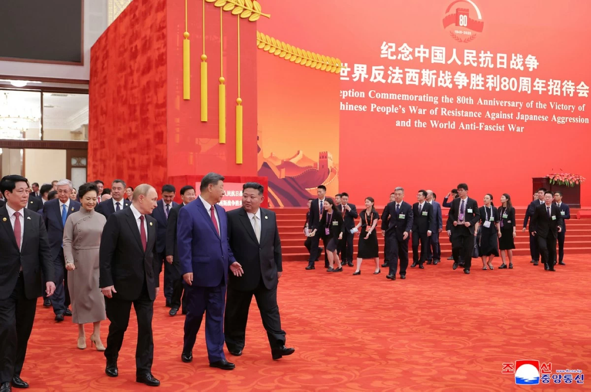 In this photo provided by the North Korean government, from second left in front, Russian President Vladimir Putin, Chinese President Xi Jinping and North Korean leader Kim Jong Un arrive for a reception marking the 80th anniversary of the end of World War II, at the Great Hall of the People in Beijing Wednesday, Sept. 3, 2025. Independent journalists were not given access to cover the event depicted in this image distributed by the North Korean government. The content of this image is as provided and cannot be independently verified. Korean language watermark on image as provided by source reads: "KCNA" which is the abbreviation for Korean Central News Agency. (Korean Central News Agency/Korea News Service via AP)