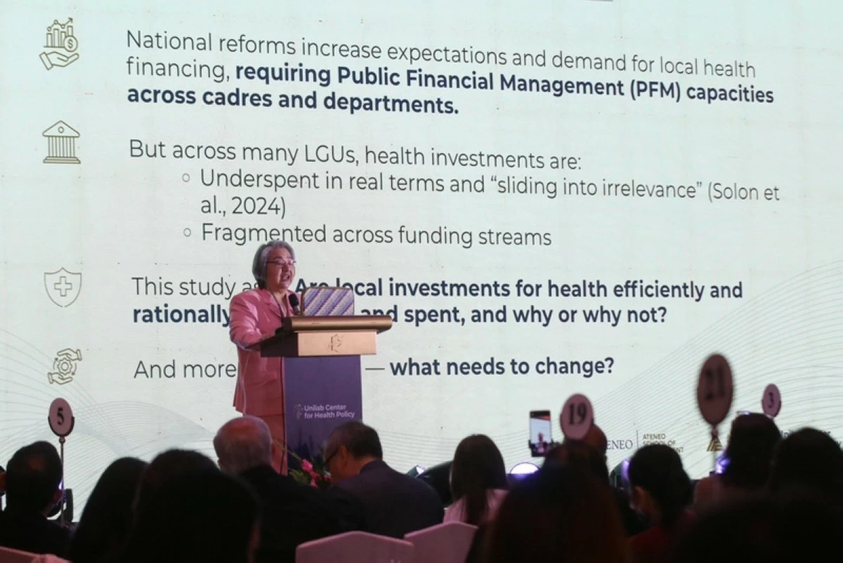 Dr. Maria Eufemia C. Yap of the Ateneo Policy Center discussed strategies to maximize local government fiscal performance of health budgets at the ongoing 2nd Unilab Center for Health Policy (UCHP) Executive Symposium on Universal Health Care. 