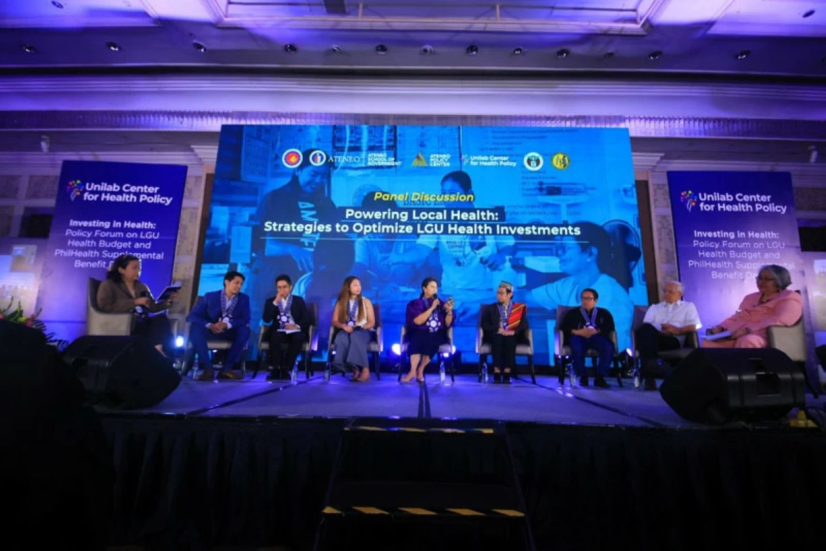 Panel Discussion 1 higlighted strategies to optimize LGU health investments, with insights from leaders and experts at the ongoing 2nd Unilab Center for Health Policy (UCHP) Executive Symposium on Universal Health Care.
From left: Prof. Jean S. Encinas-Franco, Professor and Department Assistant Chair, Department of Political Science, College of Social Sciences and Philosophy, University of the Philippines Diliman; Mr. Lawrence Trinidad, Project Development Manager, Union of Local Authorities of the Philippines; Kenneth Isaiah Abante, Lead Convenor, People’s Budget Coalition; Dr. Franciz Ramos, Medical Officer IV, Municipality of Odiongan; Hon. Leni Robredo, Mayor of Naga City; Dr. Mohrein Ismael VI, City Health Officer, Isabela City, Basilan; Gov. Patrick Alain Azanza, Governor of Catanduanes Province; Austere Panadero, Executive Director, Zuellig Family Foundation; and Dr. Maria Eufemia C. Yap, Senior Research Fellow, Ateneo Policy Center.