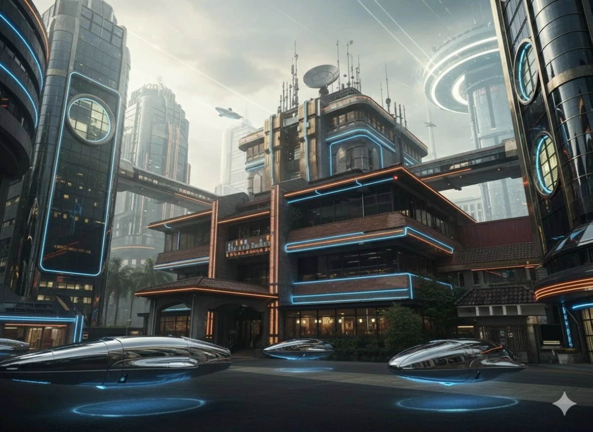 The Manila Bulletin building reimagined as if in the far future.