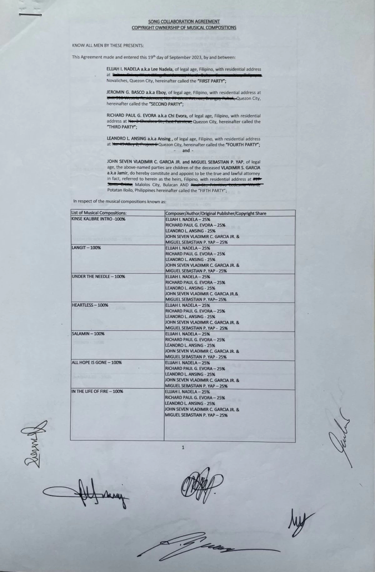 The collaboration agreement entitles each Slapshock member, including the heirs of the band’s late vocalist, Jamir Garcia, an equal share of royalties and other future revenues from the band's discography.
