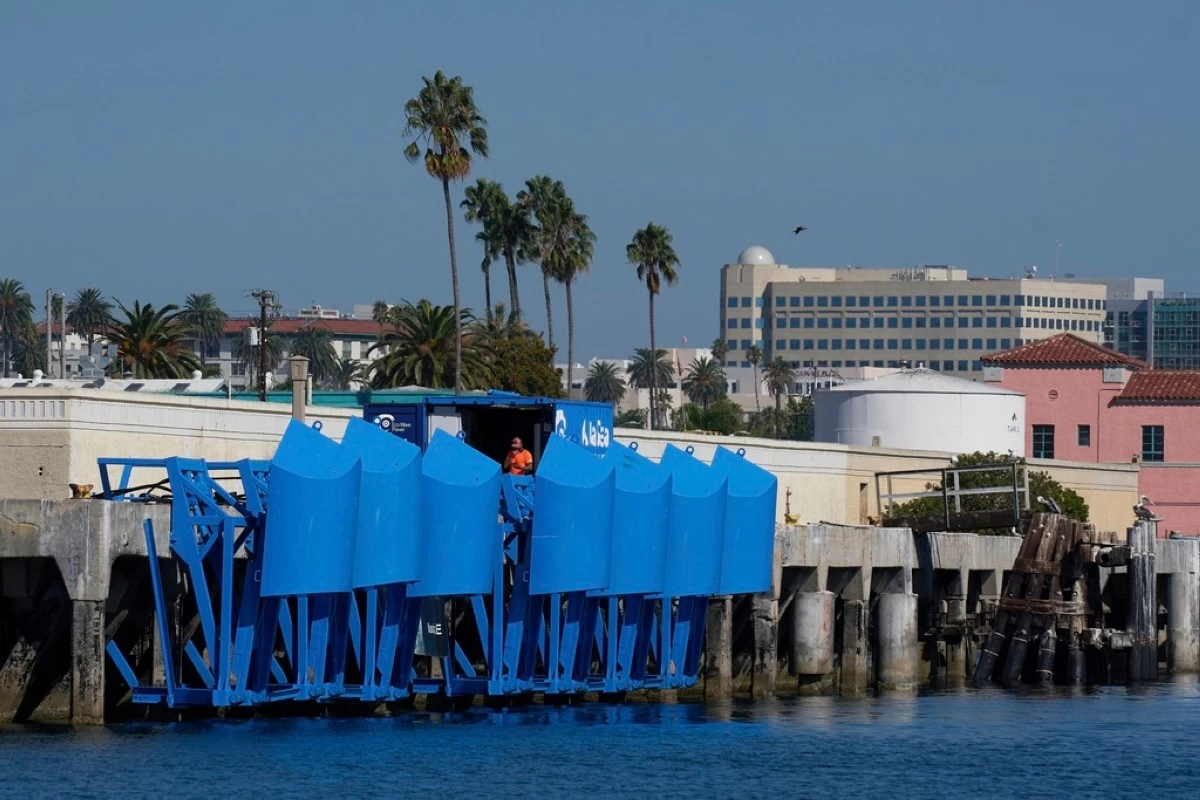 An onshore wave energy site, a pilot by Eco Wave Power, at the Port of Los Angeles' AltaSea ocean institute, is visible on Thursday, Sept. 4, 2025, in Los Angeles. (AP Photo/Damian Dovarganes)