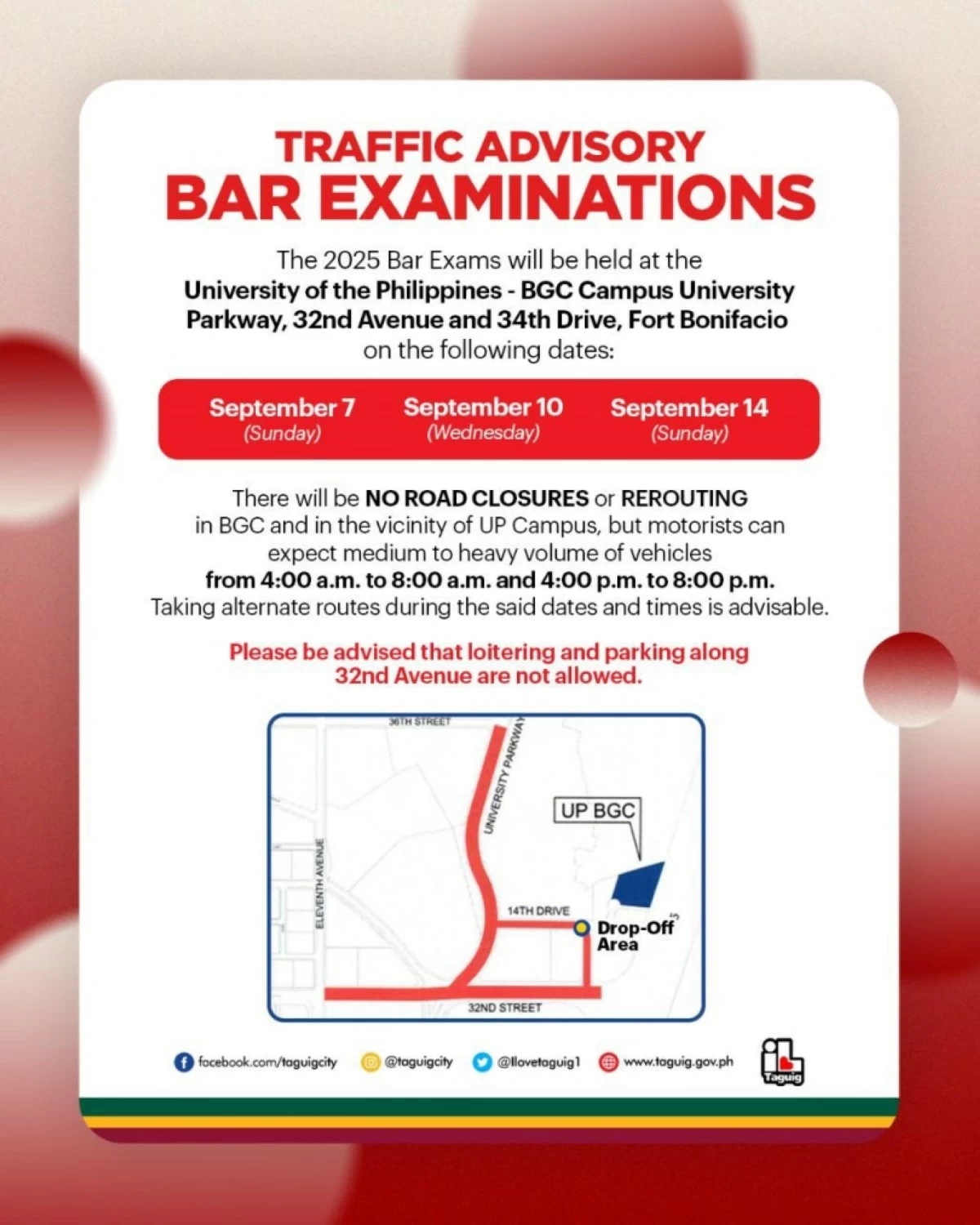 The advisory by the Taguig City government for the Bar exams (Photo from the Taguig City government)