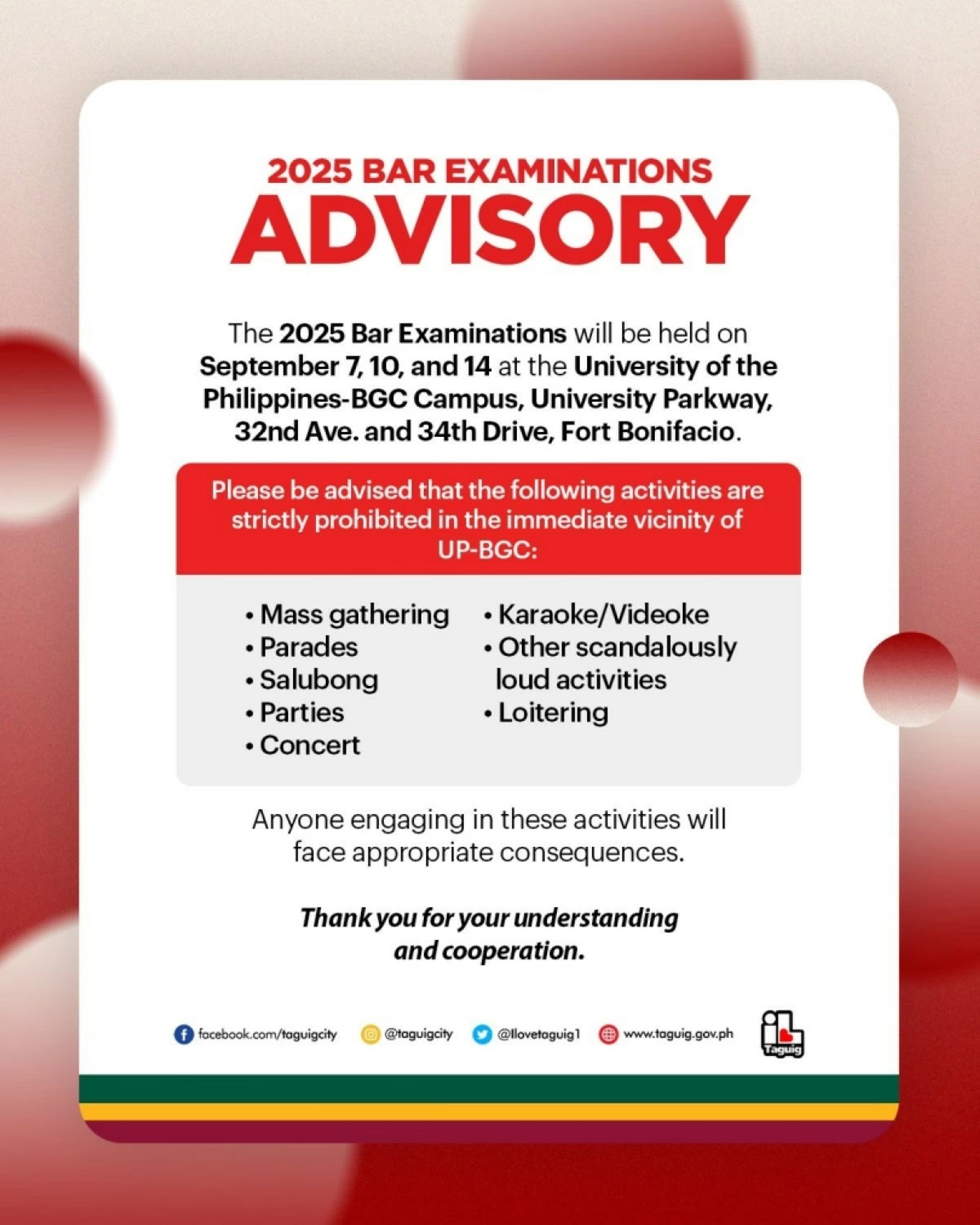 The advisory by the Taguig City government for the Bar exams (Photo from the Taguig City government)