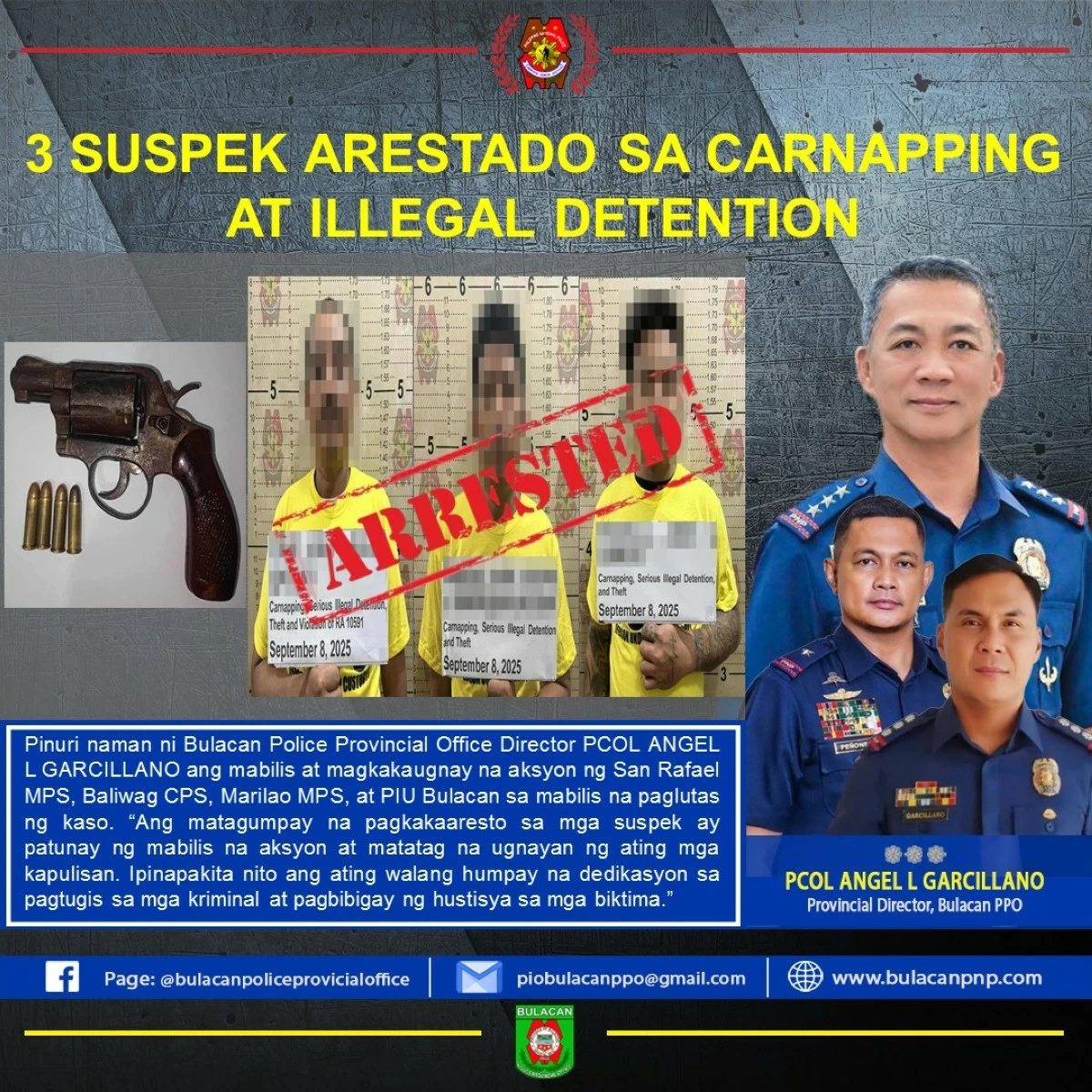 Three of the four suspects in the carnapping and serious illegal detention incident were arrested by joint forces of the Bulacan police on Monday, September 8. One of the suspects, a woman, voluntarily surrendered to the Baliwag City police. (Photo from Bulacan PPO)