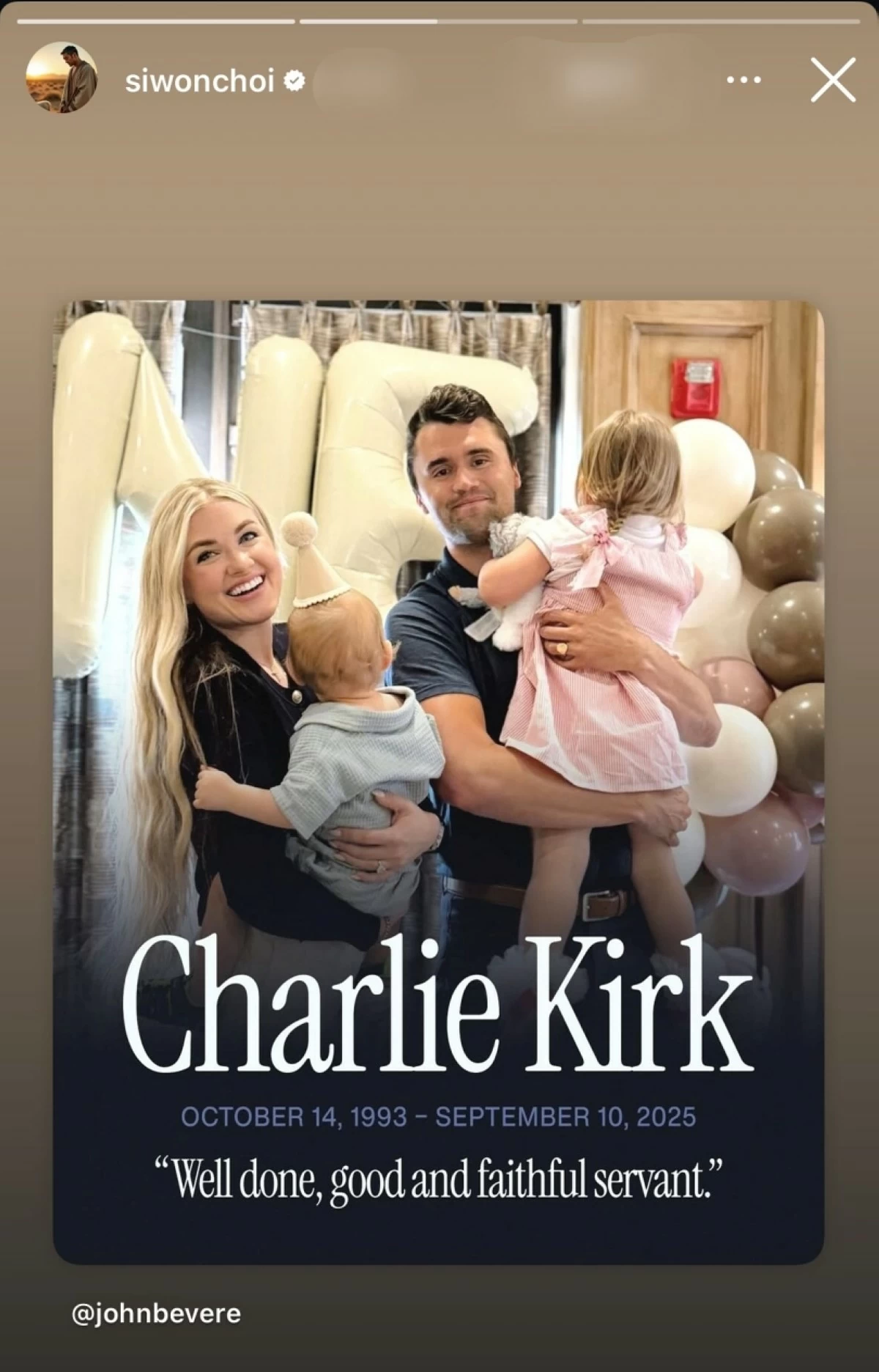 Choi Siwon's post on Instagram Stories about Charlie Kirk (Online community) 