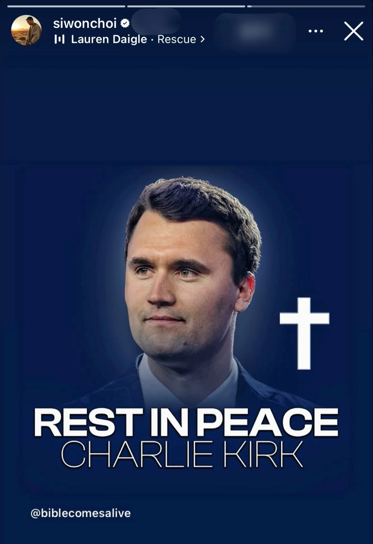 Choi Siwon's post on Instagram Stories about Charlie Kirk (Online community) 