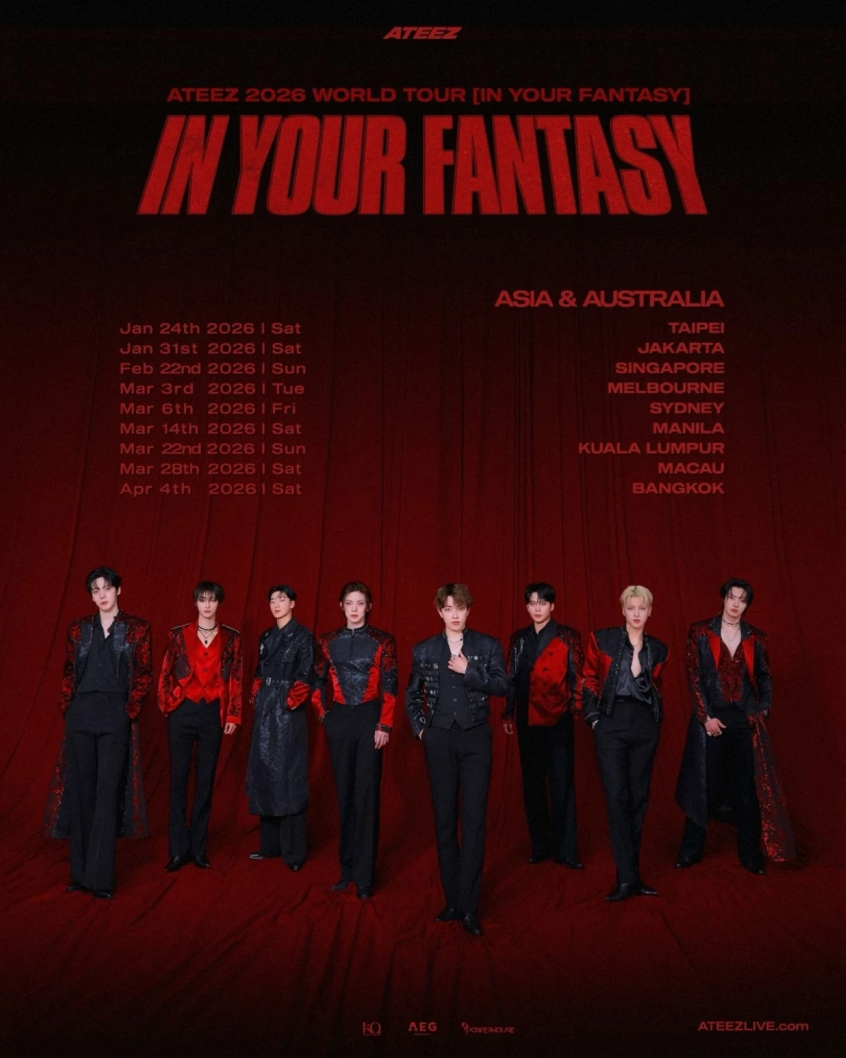The dates of the “ATEEZ 2026 World Tour [In Your Fantasy] Asia & Australia” (X)