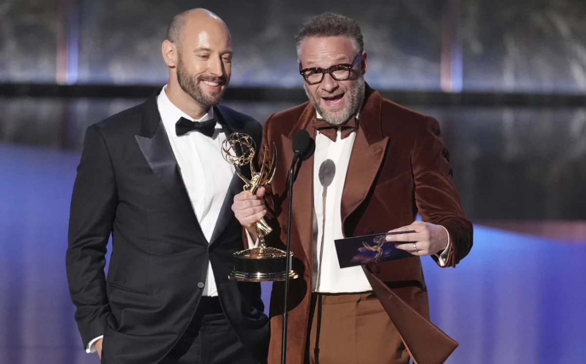 Evan Goldberg and Seth Rogen win the award for Best Directing in a Comedy Series (Images courtesy of AP)