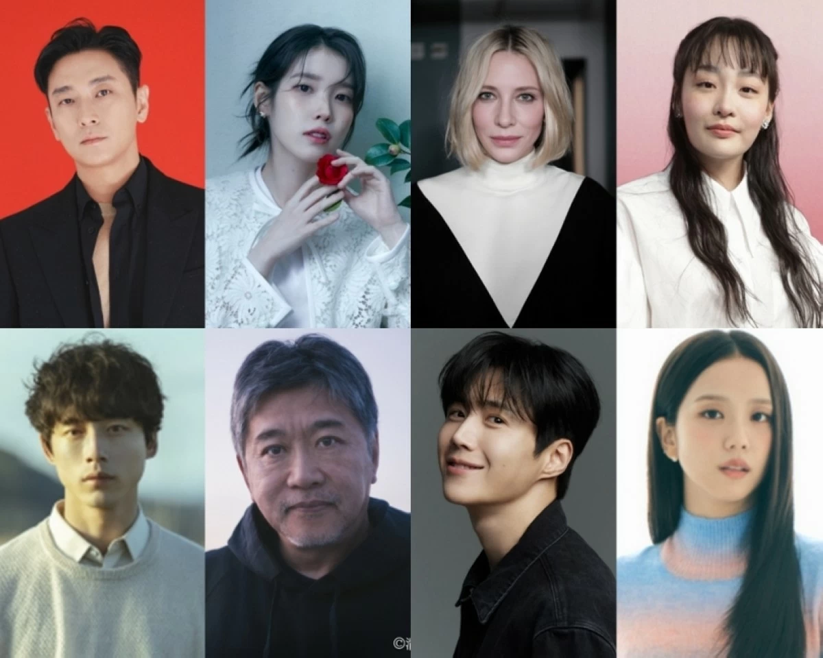 (Clockwise from top left) Ju Ji-hoon, IU, Cate Blanchett, Kim Minha Kim, Jisoo, Kim Seon-ho, Hirokazu Kore-eda and Kentaro Sakaguchi (SDA Commitee)