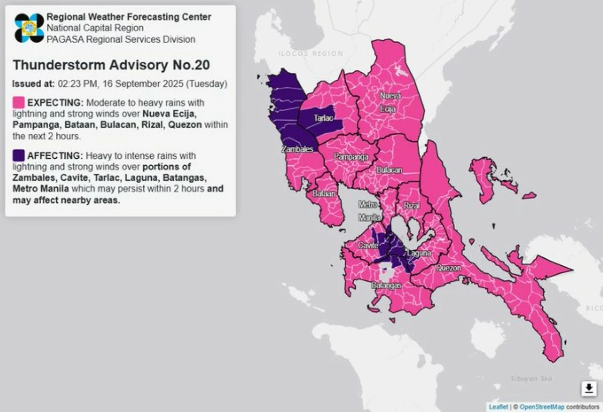 Thunderstorm warnings are raised across Luzon and Metro Manila. (PAGASA)
