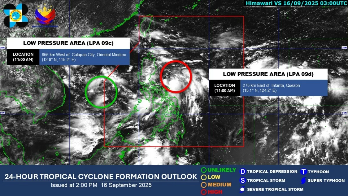 Tropical Depression Mirasol has formed east of Quezon, according to PAGASA. (PAGASA) 