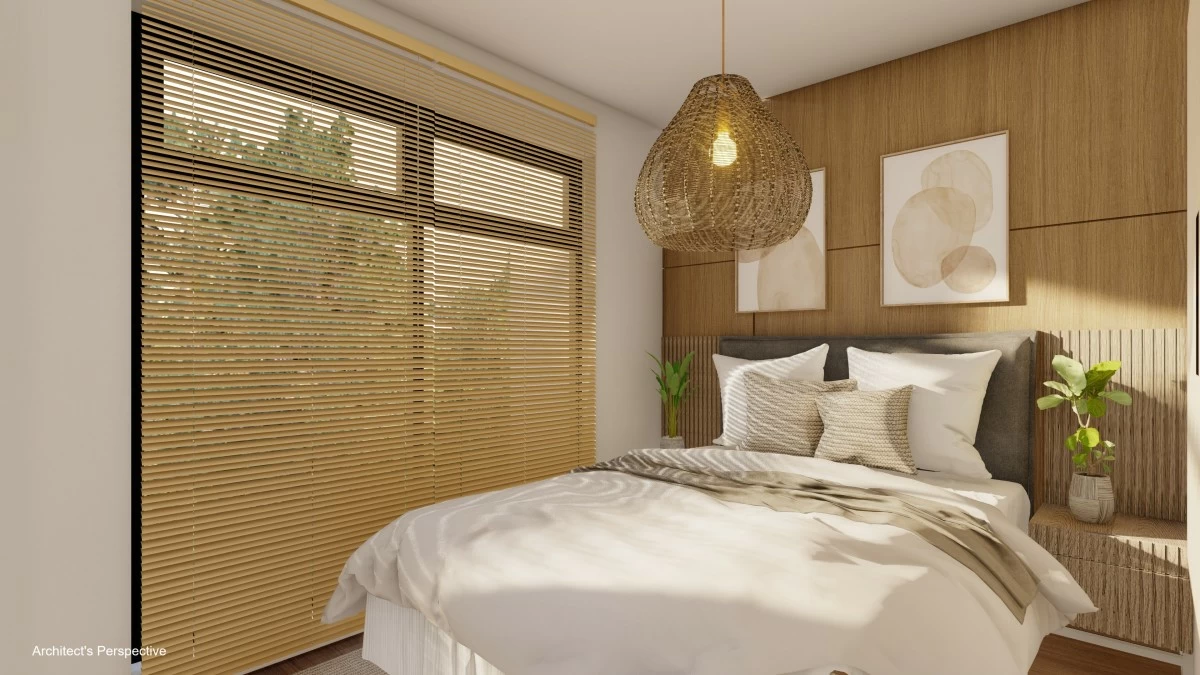 Interior view of a bedroom in the Alia cabin (Artist's perspective)