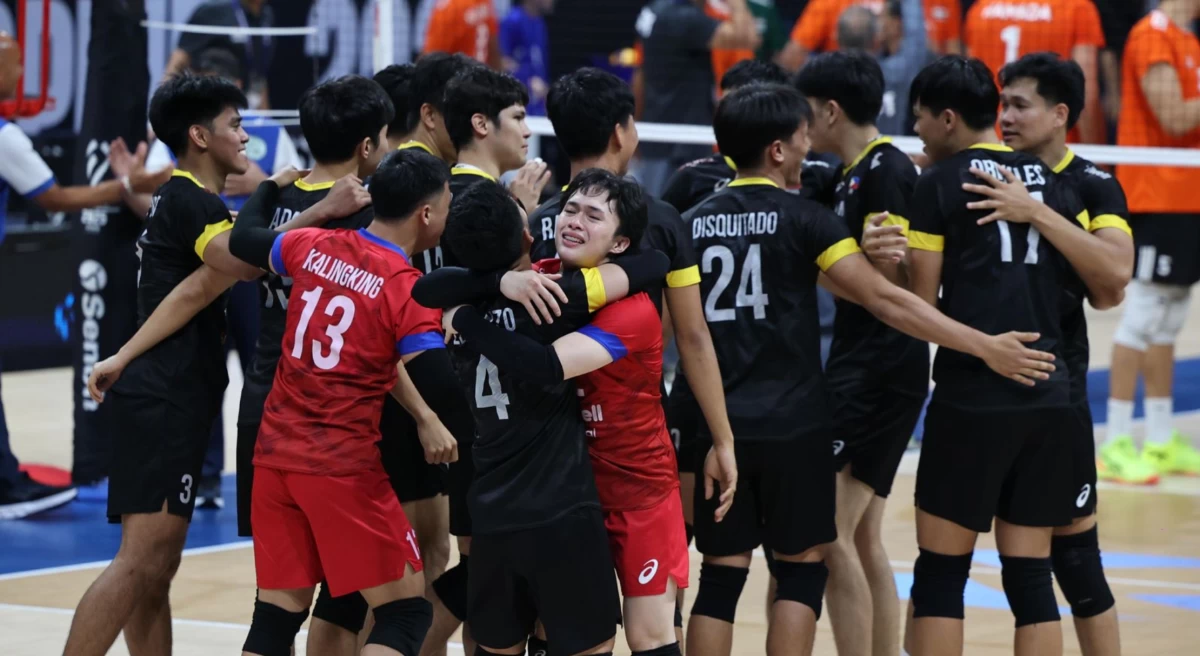 Alas Pilipinas celebrates its historic first win at the 2025 FIVB Volleyball Men's World Championship. (https://www.philippineswch2025.com/)