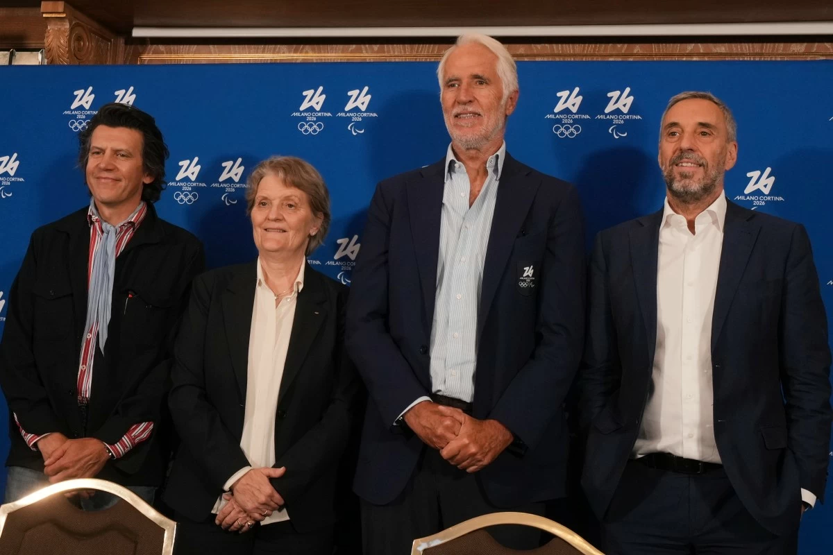 From left, Olympic Games Executive Director Christophe Dubi, member of the IOC Kristin Kloster, President of the Italian Olympic Committee Giovanni Malago' and CEO of Milano Cortina Andrea Varnier attend a news conference of the Organising Committee of the Olympic Winter Games Milano Cortina 2026, following the meeting of the IOC Coordination Commission, in Milan, Italy, Wednesday, Sept. 17, 2025. (AP Photo/Luca Bruno)