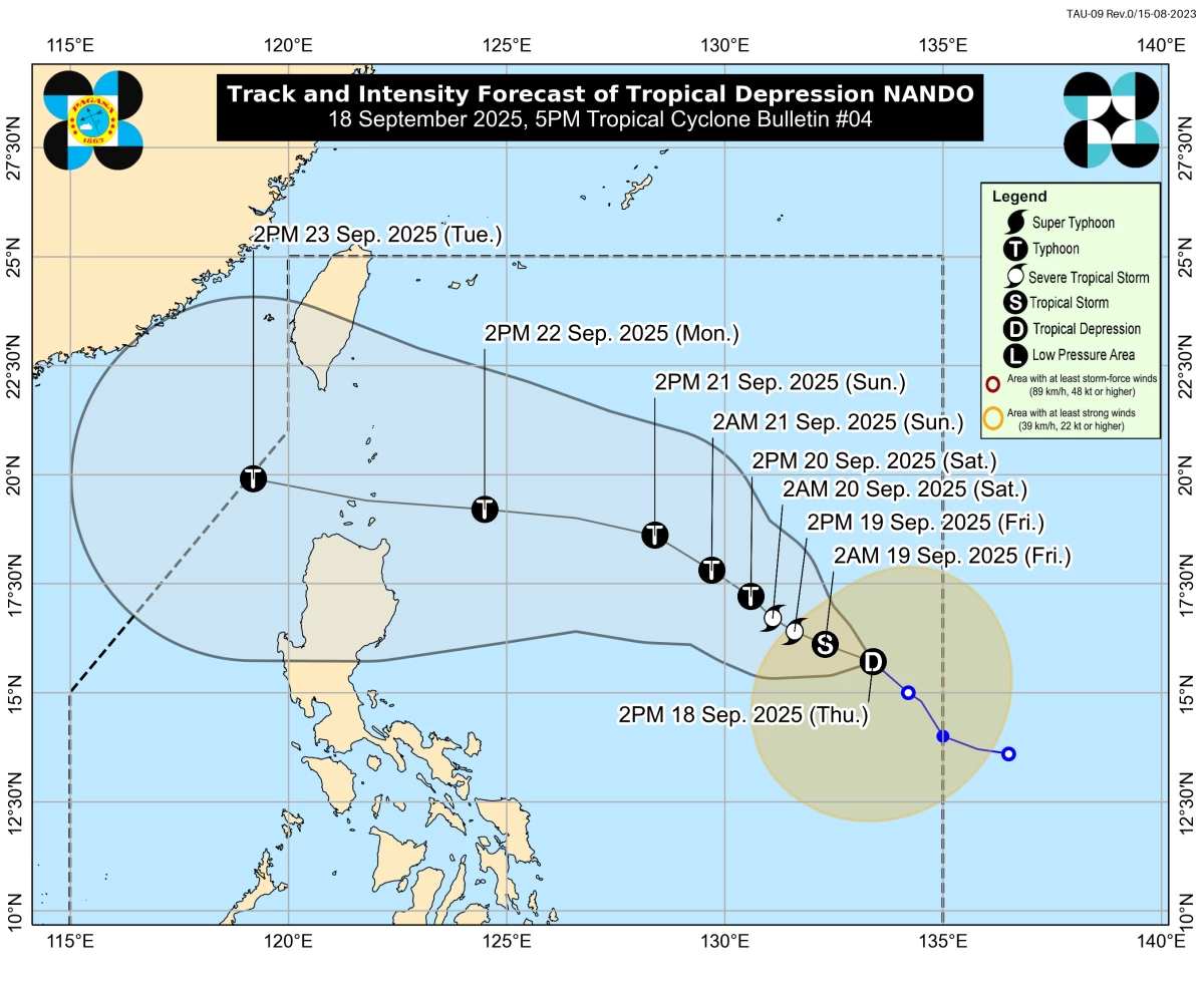 PAGASA said “Nando” could intensify into a typhoon—and potentially a super typhoon—as it nears Northern Luzon in the coming days. (PAGASA)