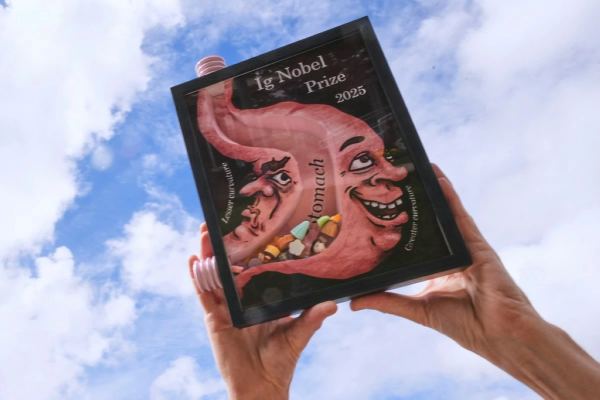 An 2025 Ig Nobel award, one of many that will be awarded by the Annals of Improbable Research magazine for silly sounding scientific discoveries that often have surprisingly practical applications, is displayed, Wednesday, Sept. 17, 2025, in Boston. (AP Photo/Charles Krupa)