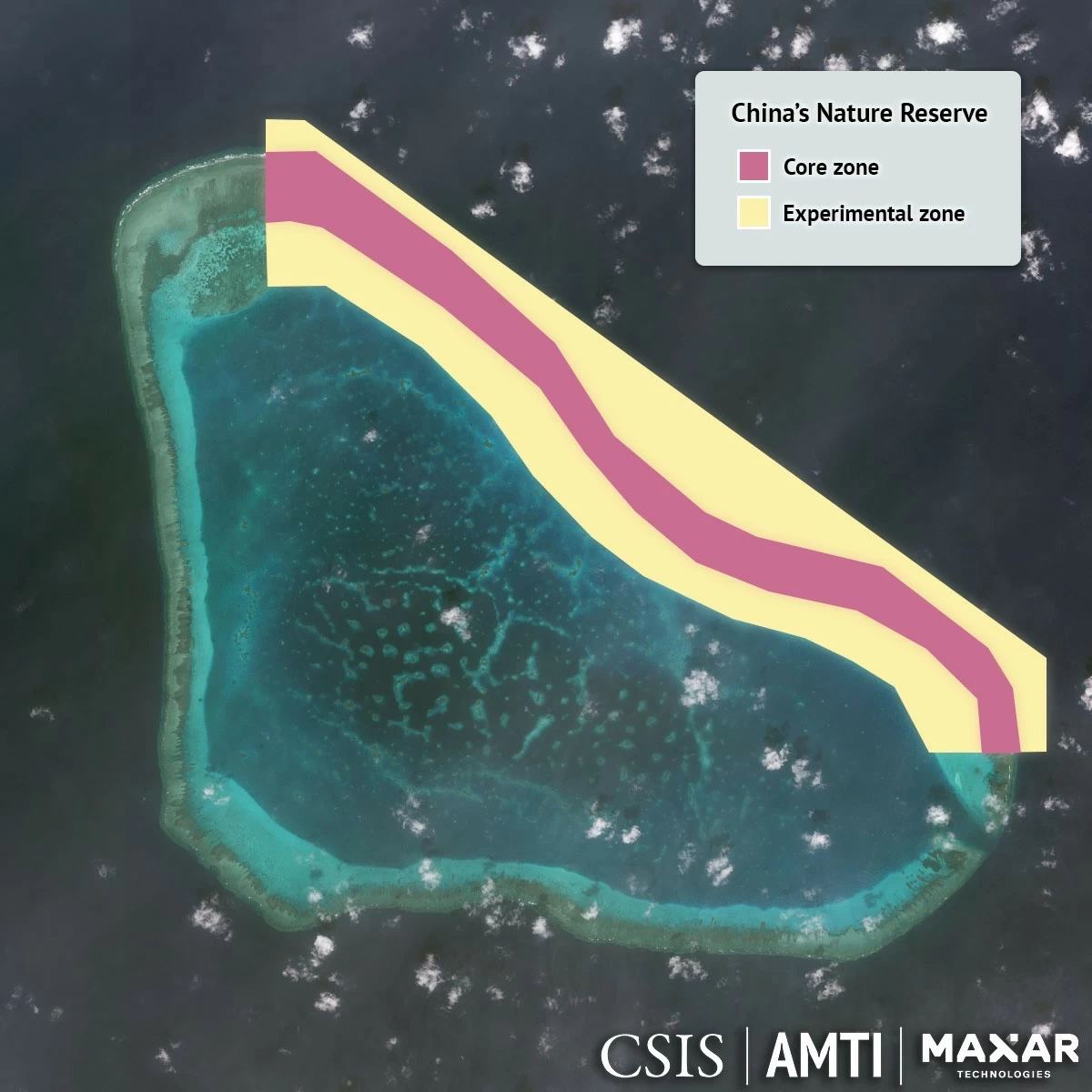 China plans to build a national nature reserve at Scarborough Shoal (Bajo de Masinloc or Panatag Shoal), a disputed shoal located 105 nautical miles west of Palawan, well within the 200-nautical mile exclusive economic zone of the Philippines. (Image ourtesy of Asia Maritime Transparency Initiative)