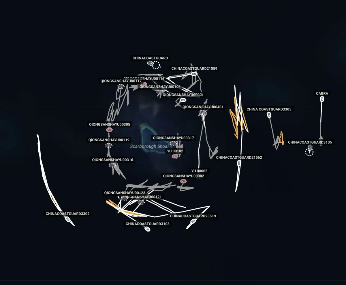 Satellite image shows Philippine Coast Guard (PCG) ship BRP Cabra on the far right faces an armada of Chinese vessels in Bajo de Maisnloc, West Philippine Sea, on Sept. 19, 2025. (Courtesy of Ray Powell/X)