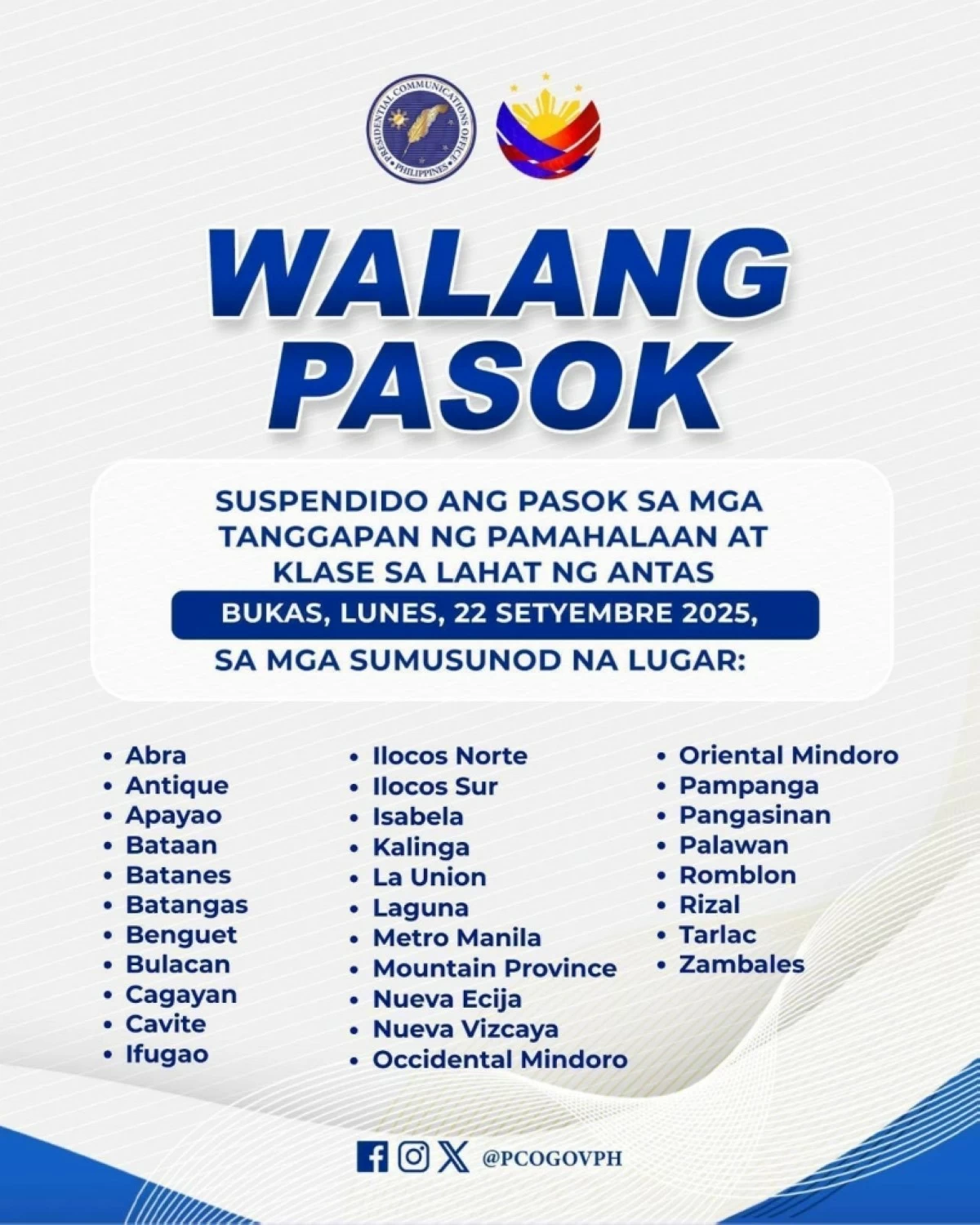 The announcement by Malacañang (Presidential Communications Office's Facebook page) 
 