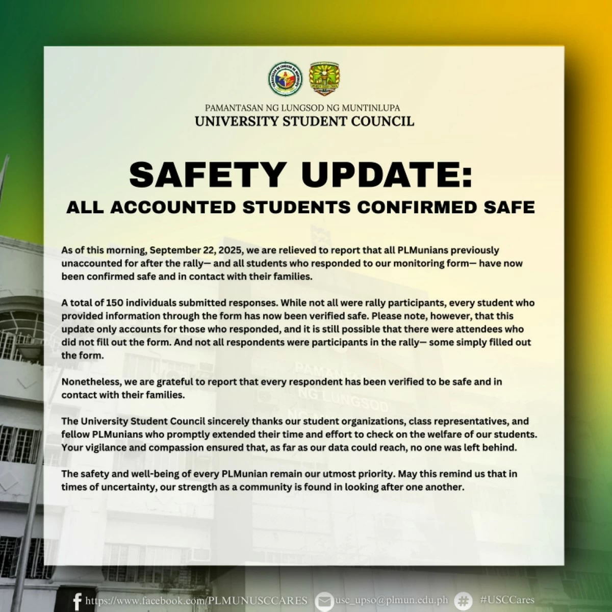 The announcement by the Pamantasan ng Lungsod ng Muntinlupa (PLMUn) University Student Council on Sept. 22 (PLMun University Student Council) 