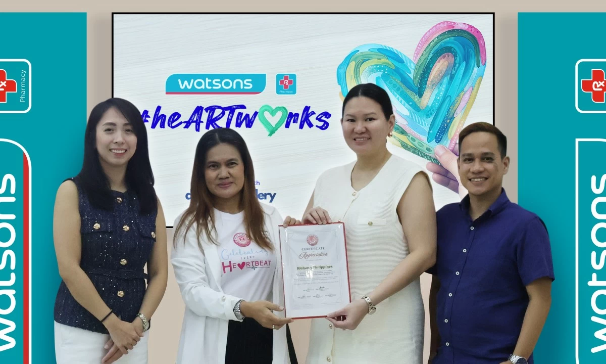 Heart Warriors Philippines Inc. presented a Certificate of Appreciation to Watsons Philippines for its meaningful initiative in promoting heart health and creating safe spaces for learning and expression. From left to right: Zesther Rodriguez, Senior Category Manager for Health Business of Watsons Philippines; Ruby Maja, President of Heart Warriors Philippines Inc.; Darcy Co, Group Category Manager of Watsons Philippines; Dharell Fontanilla, Senior Marketing Manager of Watsons Philippines.
