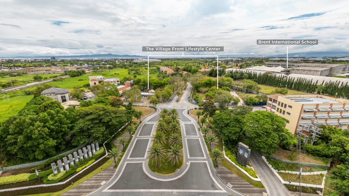 Aerial view of the upcoming Village Front Lifestyle Center seen from the Brentville Main Entryway and Brent International School
