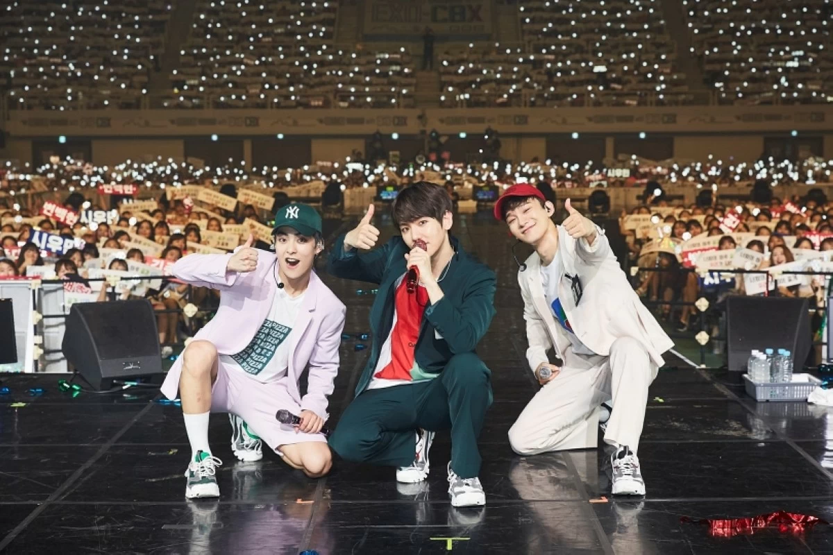 EXO-CBX members (from left) Xiumin, Baekhyun and Chen (X)